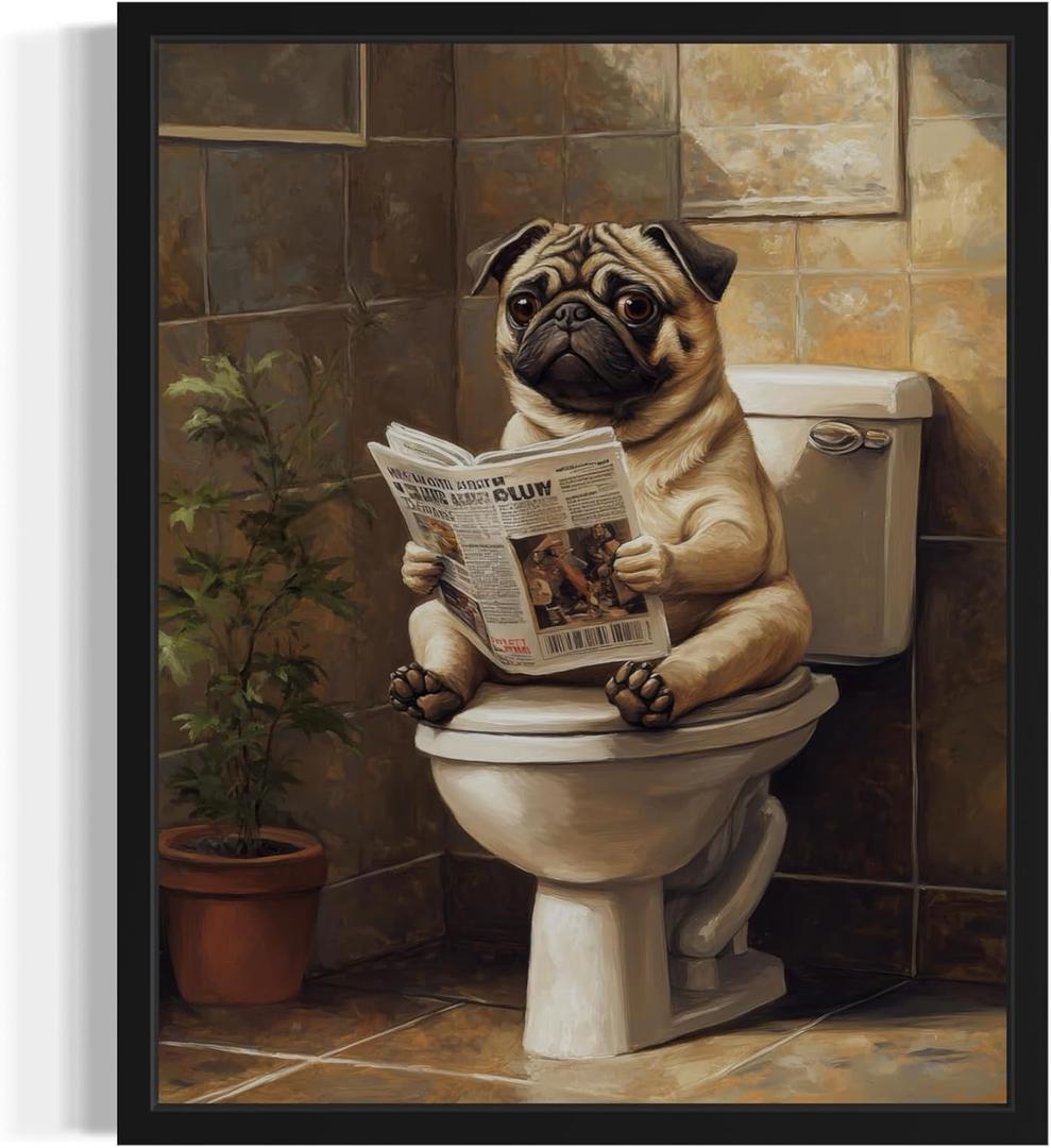 Pug on Toilet Wall Art Print Poster, Dog Bathroom Humor Decor Posters Prints for Restroom Home Picture Painting Artwork Gallery 7 (Pug, 11 x 14 inches, Unframed)