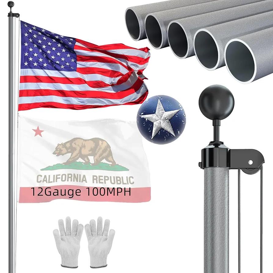 NELXINJO Heavy Duty 25FT Flag Pole -12 Gauge Extra Thick Aluminum Flagpole kit for Outside House,100MPH Wind Tested
