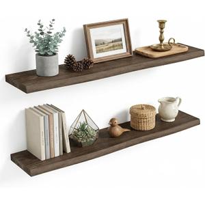 Vivelove Live Edge Floating Shelves for Wall Solid Elm Wood, Rustic Farmhouse Wall Shelf with Invisible Bracket for Living Room Bedroom Bathroom Office Book, 40 Inches - Set of 2 - Dark Walnut