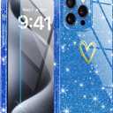 Qviskteme for iPhone 15 Pro Case for Women Cute,Clear Glitter with [1 x Tempered Glass Screen Protector] Slim Phone Cases Shockproof Bumper Protective Soft Silicone Thin Cover Case 6.1" Blue Titanium