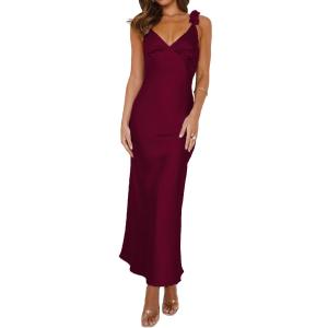 Phicia Satin V Neck Formal Midi Dresses for Women Wedding Guest | Silk,Spaghetti Strap,Elegant ,Floral Strap,Cocktail,Bridesmaid, Beach, Vacation,Party,Adjustable Straps,Graduation (Red, XL)