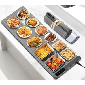 Food Warming Mat Large, XXL (42"x15") Electric Food Warmers Mat with Heat Resistant Pad for Countertop, Heat 6 Level Temperature & 6 Hours Timer, Foldable Heating Trays for Buffets Party, Gray