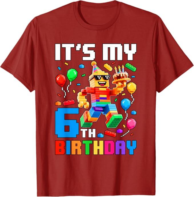 It's My 6th Birthday Building Brick 6 Years Old Boys Kids T-Shirt, Youth Medium