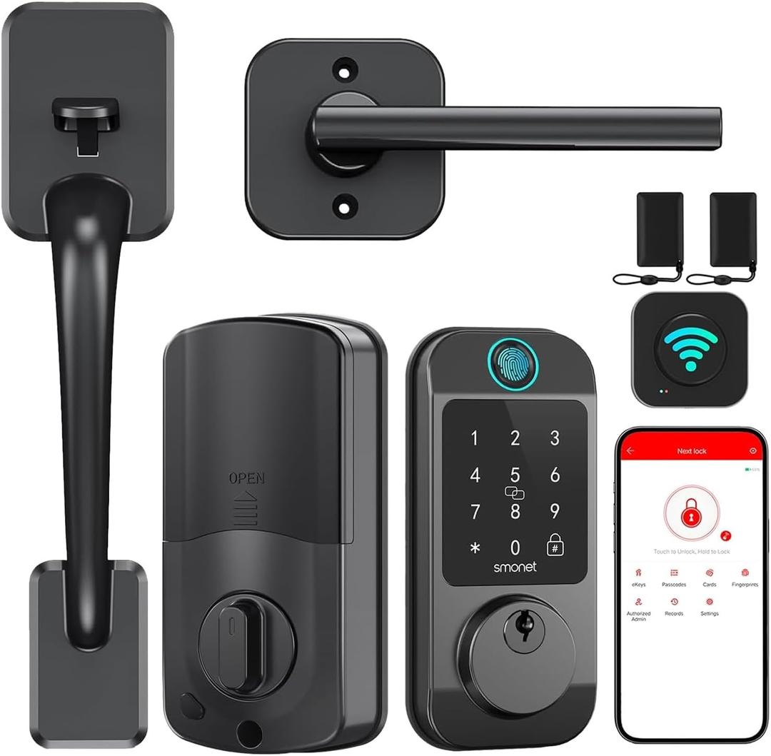 WiFi Front Door Lock Set - Keyless Entry Door Lock Deadbolt with Handle SMONET Fingerprint WiFi Smart Deadbolt, Digital Remote Control Keypad Auto Lockset with Code Fob App Compatible with Alexa Black