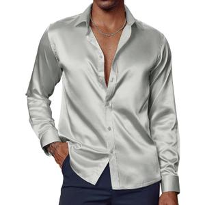 PJ PAUL JONES Men's Shiny Satin Dress Shirts Long Sleeve Button Down Silk Shirt with Bow Tie (Large)