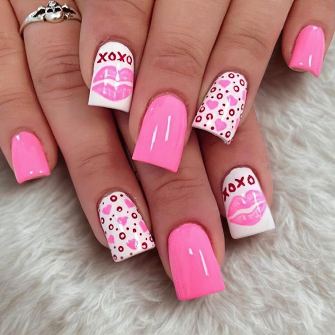 Valentines Press on Nails Pink Short Square Fake Nails with Hearts Polka Dots Lips Designs Acrylic Reusable - 24 Pcs Love Day Kit for Women WYFHDT