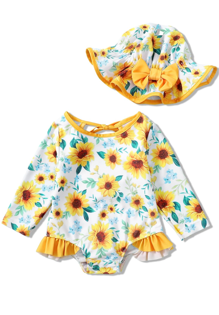 SUNNY PIGGY Baby Girls One Piece Swimsuit Long Sleeve Floral Bathing Suit+Hat 2Pcs 18-24M