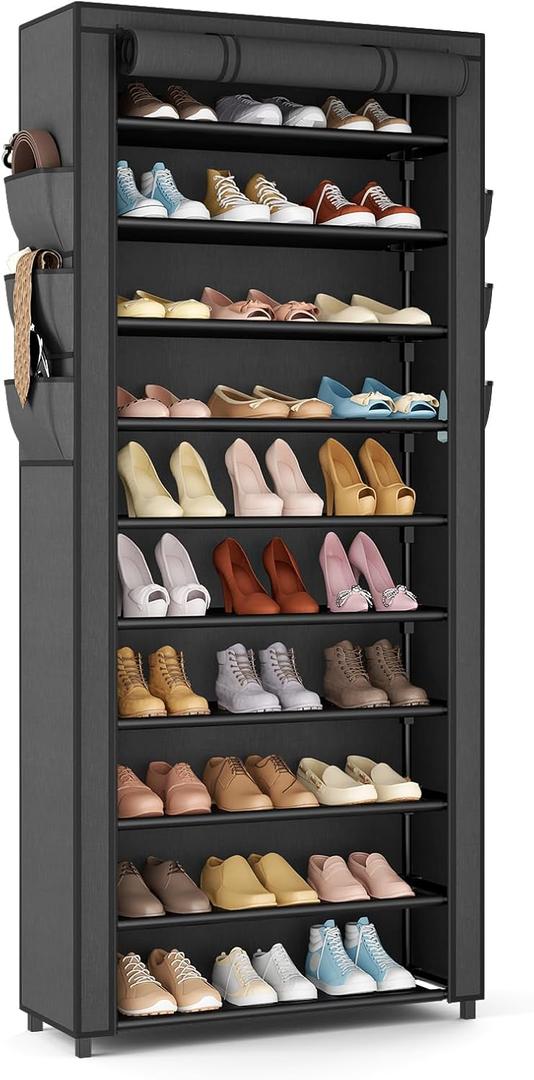 VTRIN Vertical Narrow Shoe Rack Organizer Tall Shoe Rack for Closet Entryway 10 Tier Non-Woven Cover Shoe Shelf Holds 36-41 Pairs Free Standing Shoe Storage Cabinet with Dustproof Cover, Black