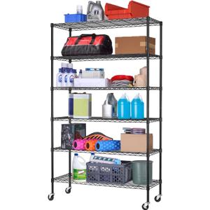 Storage Shelves 2100Lbs Capacity, 6-Shelf on Casters 48" L18" W82" H Commercial Wire Shelving Unit Adjustable Layer Metal Rack Strong Steel for Restaurant Garage Pantry Kitchen,Black