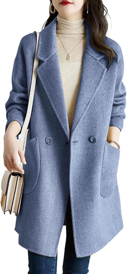chouyatou Women's Notch Lapel Herringbone Wool Coat Formal Office Work Double Breasted Winter Pea Coat (Medium, Light Blue)