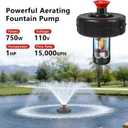 Pond Fountain Aerator, 1HP 110V 750W 15000 GPH Floating Fountain Pump with 100 FT Power Cord, 2 x 100 FT Rope, Timer, Fully Automatic Powerful Aerating Fountain for Larger Ponds, Lakes