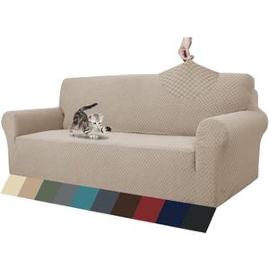ZNSAYOTX 1 Piece Jacquard Couch Covers for 3 Cushion Couch Living Room High Stretch Sofa Cover Pets Dogs Friendly Anti Slip Thickened Slipcovers Furniture Protector (Sofa, Khaki) (Large (71"-90"))