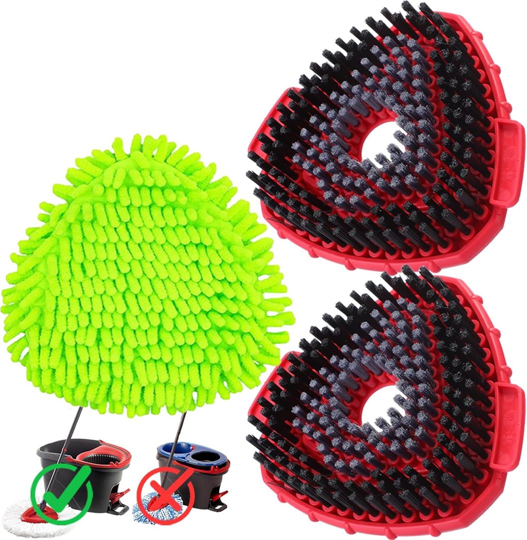 Mop Scrub Brush Replacement Head for Ocedar Easywring 1 Tank System, 2 Shower Floor Scrubber Hard Bristle Cleaning Brush, 1 Microfiber Chenille Pad Head for O Cedar Spin Mop