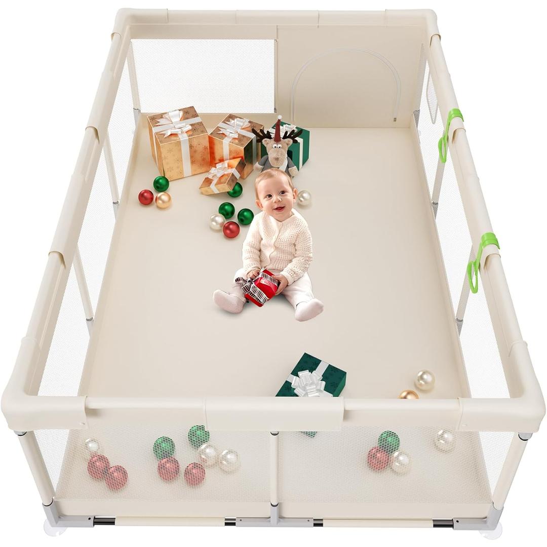 Fodoss Baby Playpen, 71x47inch Large Playpen for Babies and Toddlers, Indoor & Outdoor Play Yard, Baby Fence Play Area (Beige)