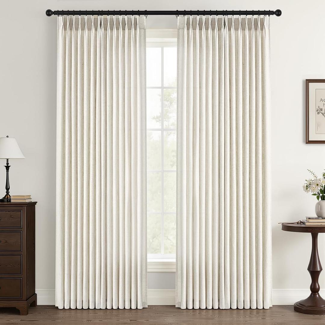Natural Pinch Pleated Linen Curtains 96 Inches Long for Living Room Bedroom Birch Thick Linen Textured Memory Trained Light Filtering Back Tab Pleated Cream Drapes with Hooks Rings 8 FT