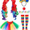 6 Pcs Women Clown Costume Rainbow Wig Tutu Skirt Eyelashes Clown Nose Socks for Halloween Party (Large)