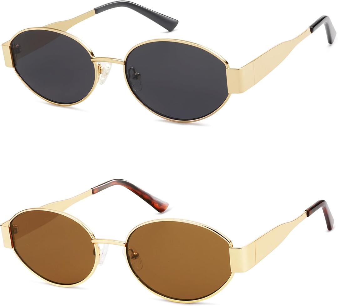 AMOMOMA Retro Oval Trendy Sunglasses for Women Designer 2024 Womens Sun Glasses Metal 90s AM6639 (Gold/Grey+gold/Brown)