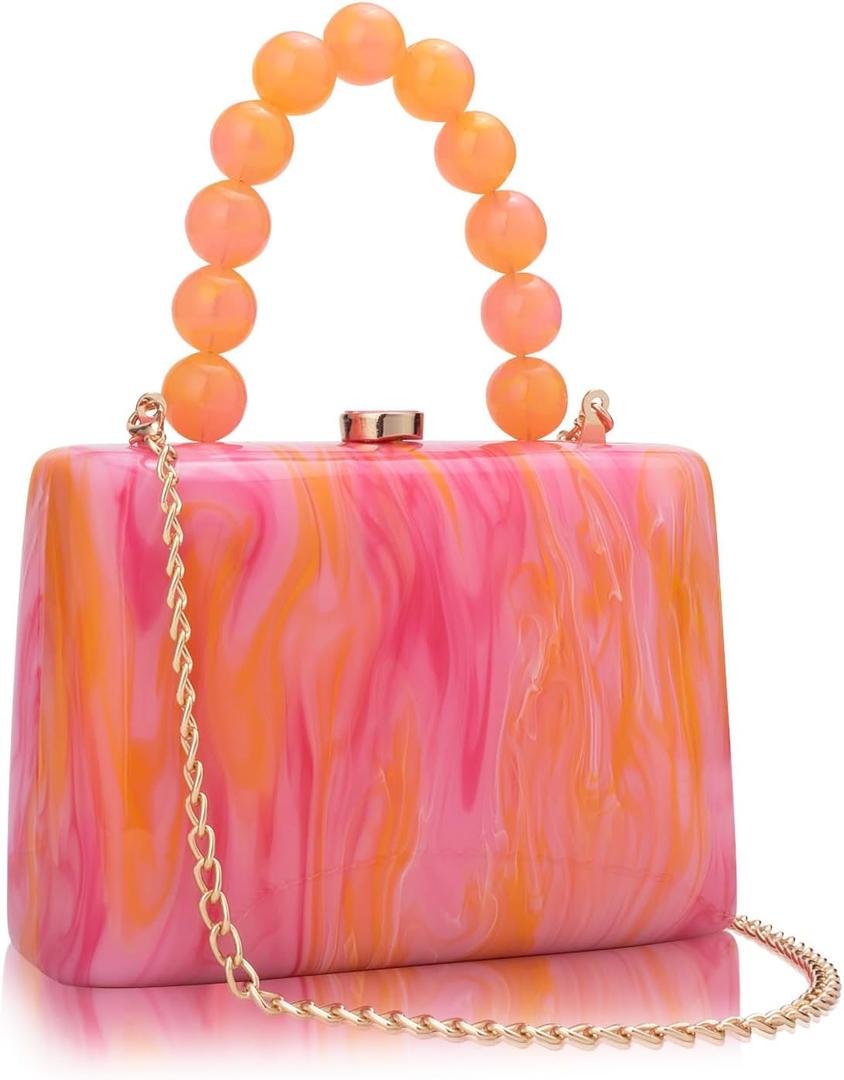 Acrylic Purses Evening Clutch Bag Marbling Handbags for Women Cross Body Bag with Pearl Chain Formal Wedding Prom Party (Orange 1)