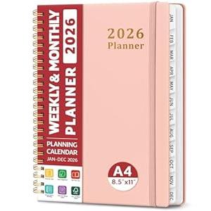 2026 Planner, Weekly and Monthly Planner, January 2026 - December 2026, Hardcover 2026 Calendar Planner Book with Tabs For Women & Men, Inner Pocket, Spiral Bound, Perfect for Office Home School Supplies - A4 (8.5" x 11"), Pink