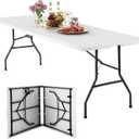 FDW 8FT Folding Table, Portable Fold-in-Half Plastic Picnic Party Table with Carrying Handle (White, 8FT)