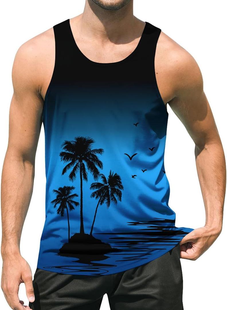 uideazone Mens Beach Tank Top Summer Sleeveless Shirt Graphic Quick Dry Gym Workout Tank Top (Medium, Blue Palm Tree)