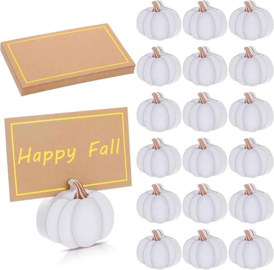 Tradder 18 Pcs Thanksgiving Place Card Holders with Gold Foil Pumpkin Card Harvest Mini Pumpkin Name Photo Picture Stand Holder for Thanksgiving Decorations Wedding(White)