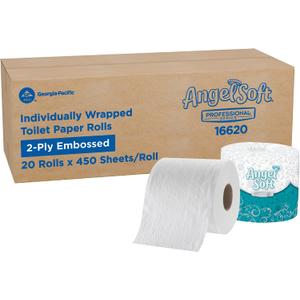 Angel Soft Professional Series by Georgia-Pacific PRO 2-Ply Embossed Toilet Paper, White, Individually Wrapped, 450 Sheets Per Roll, 20 Toilet Tissue Rolls Per Case, 16620