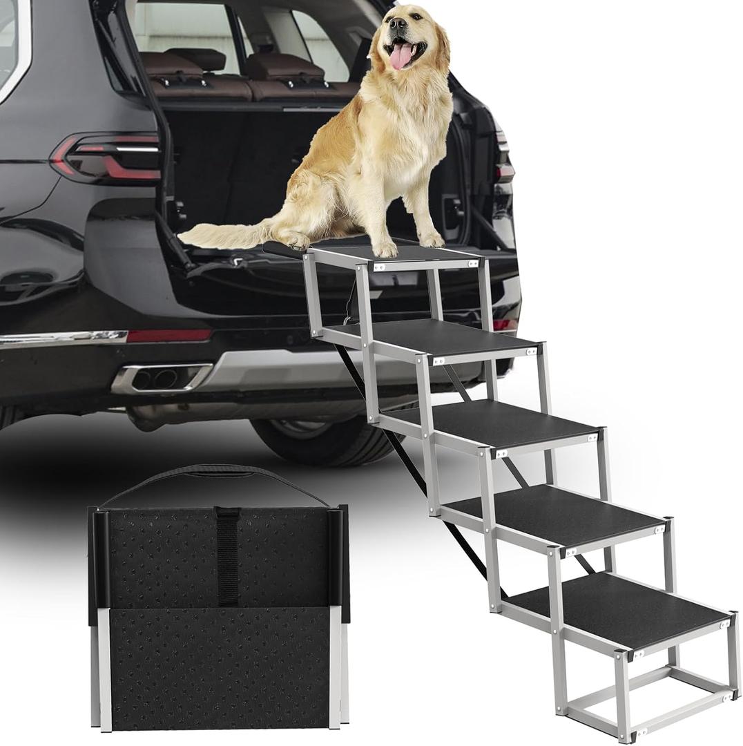 Deergym Dog Stairs for Large Dogs  5 Step Wide 16in High 34in Foldable Dog Ramp for Car NonSlip Surface Support up to 230lbs  Suitable for SUV,Truck, Sofas, Bed