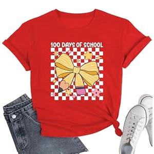100 Days of School Shirt for Kindergarten Teacher: Bow Pencil Shirts,Teacher Appreciation Short Sleeve Shirts, M, Red