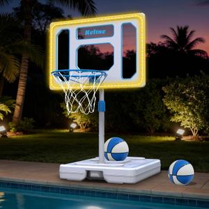 Large Pool Basketball Hoop Poolside with Super Bright LED Solar Lights, 32" Shatterproof Backboard & Adjustable Height Swimming Pool Basketball Hoop, Includes 2 Balls & Pump for Kids & Adults