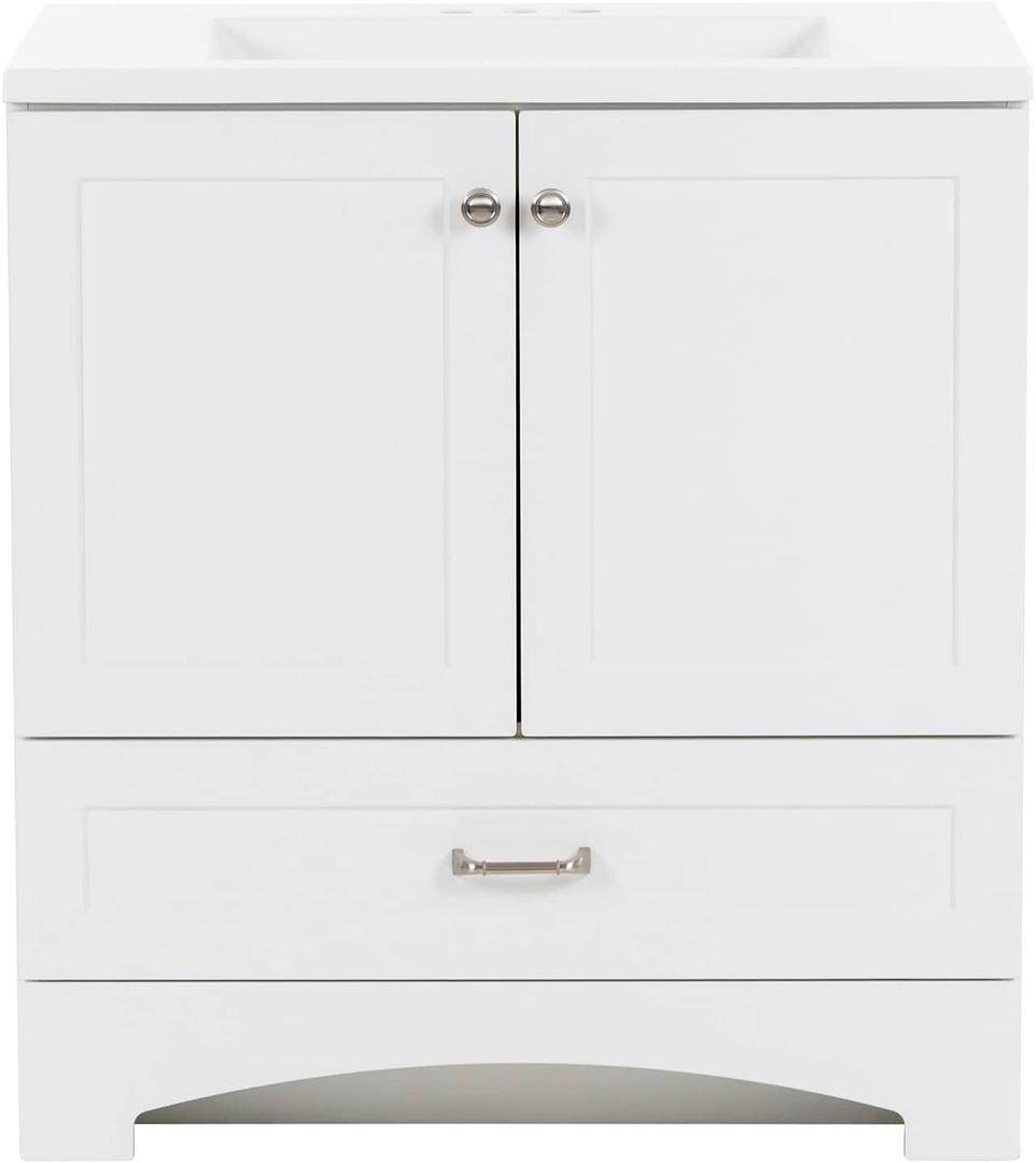 Spring Mill Cabinets Emlyn 30 Inch Bathroom Vanity with White Single Sink Top, 2-Door Cabinet, 1 Drawer, 30.5" W x 18.75" D x 32.89" H, White