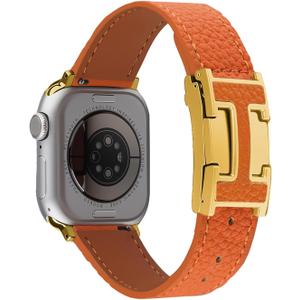 Leather Magnetic Bands Compatible with Apple Watch 11/10/9/8/7/6/5/4/3/2/1/SE/SE2/Ultra, Women Men Wristbands for iWatch 49mm/46mm/45mm/44mm/42mm/41mm/40mm/38mm (Orange+ Gold Buckle)
