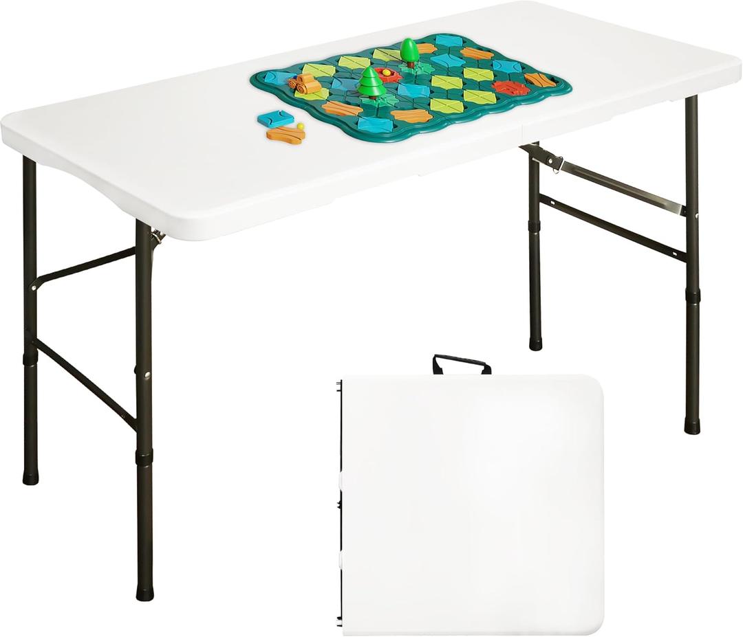 Bblife 4ft Portable Folding White Event Table, Plastic Pinic Camping Table wiht 2 Adjustable Heights, Indoor Outdoor Heavy Duty Utility Table with Carry Handle, White