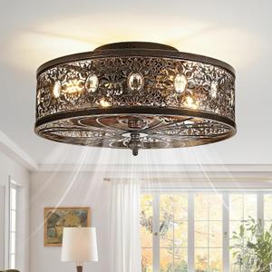 Caged Ceiling Fan with Light 18 Inch Small Low Profile Flush Mount Farmhouse Crystal Fandelier Vintage Victorian Rustic Ceiling Fan with Remote for Bedroom Living Room Kitchen