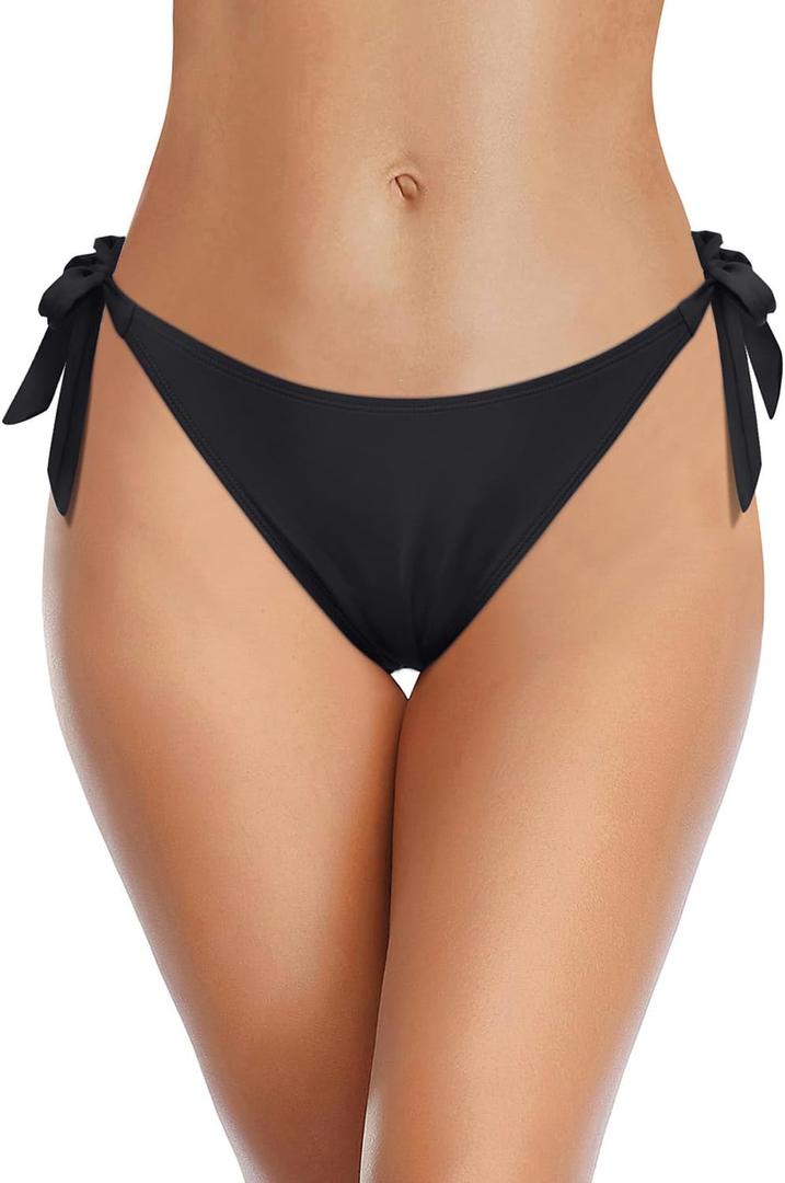 Tempt Me Women Side Tie Bikini Bottoms - String Swim Bottoms Low Rise Bathing Suit Bottoms Cheeky Coverage Swimwear 2025 (Small, Black)