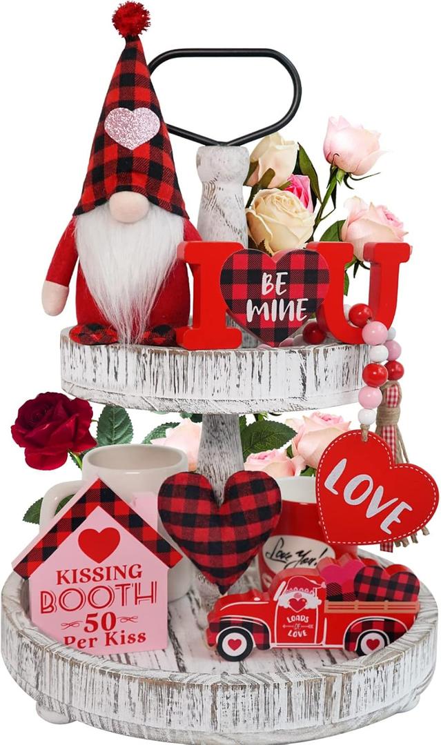 CRCZK Valentines Day Decor, 6pcs Valentines Gnome Tiered Tray Decoration Set, Buffalo Plaid Valentine Gnome Plush, 3 Valentine Wooden Signs, Valentine Bead Garland, Farmhouse Valentine Kitchech Decor