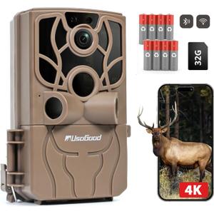 usogood Trail Camera 4K 48MP Game Camera with 8 Batteries 32GB Card,WiFi Bluetooth Connection,Trail Cameras with Night Vison Motion Activated Waterproof for Deer/Hunting/Wildlife Monitoring (brown)