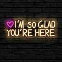 IM SO GLAD YOURE HERE Neon Sign Today for Wedding Birthday Girl Party Wall Decor, Dimmable, USB Powered, Pink Sun and Pink Heart Motivational Gift for Women