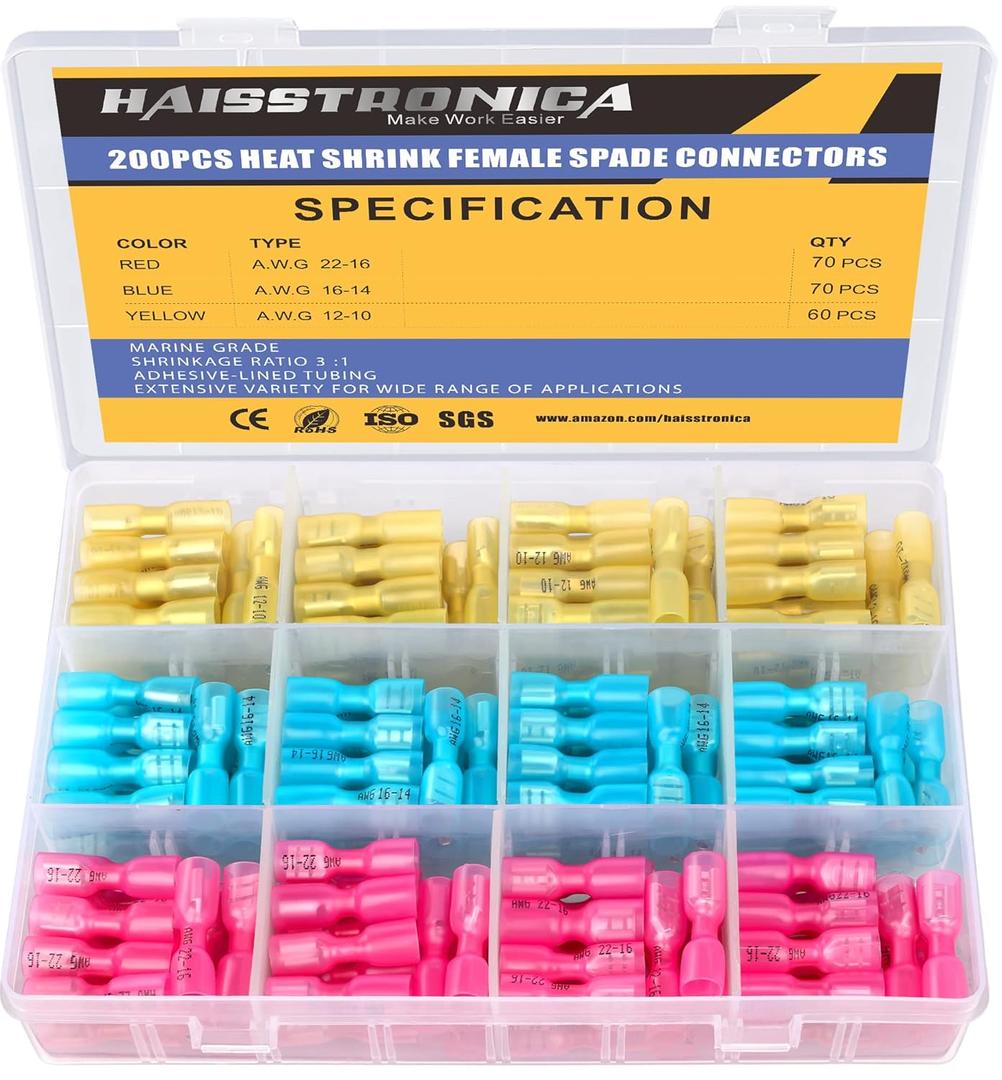 haisstronica 200PCS Heat Shrink Female Spade Connectors, 2210 AWG Tinned Copper Crimp Terminals, Quick Disconnect Wire Connectors for Automotive Marine