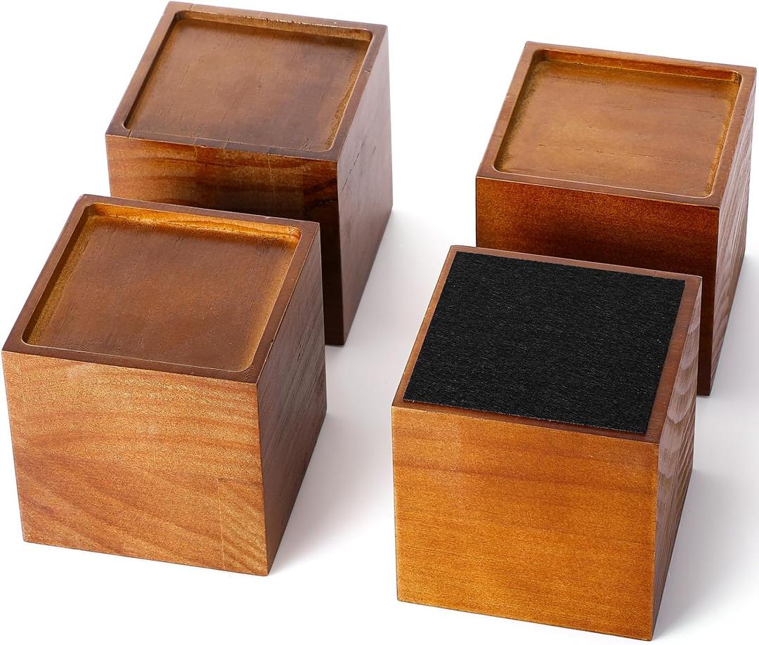 4 Inch Solid Wood Bed Furniture Risers Set of 4, Walnut Color Square Heavy Duty Couch Lifters Brown Wooden Furniture Risers Blocks for Bed Frame, Sofa, Chair, Table, Cabinet, and More