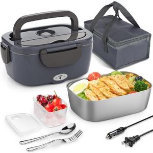Electric Lunch Box Food Heater 3 in 1 Portable Warmer Leakproof Heated Box for Adults, 12V/24V 110V Heating Microwave for Car/Home with 1.5L Removable Stainless Steel Container (Gray)