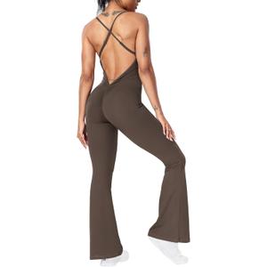 YEOREO Women One Piece Flare Jumpsuits Sexy Sleeveless Backless Wide Leg Gym Bodycon V Back Scrunch Butt Full Body Yoga Rompers Coffee, Large