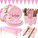Pastel Pink Birthday Party Supplies Set - Plates, Cups, Napkins, Balloms and Happy Birthday Banner, for 16 Persons, Pattern May Vary