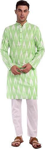 SKAVIJ Men's Pure Cotton Printed Kurta Pajama Set Ikat Design Casual Ethnic Dress (KP118limegreen_Lime Green_S)