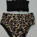 Bhome Maternity Swimsuit Two Pieces Adjustable Spaghetti Straps Smocked Bandeau Top with High Waisted Pregnant Swimwear (Large, Black and Khaki Leopard Prints)