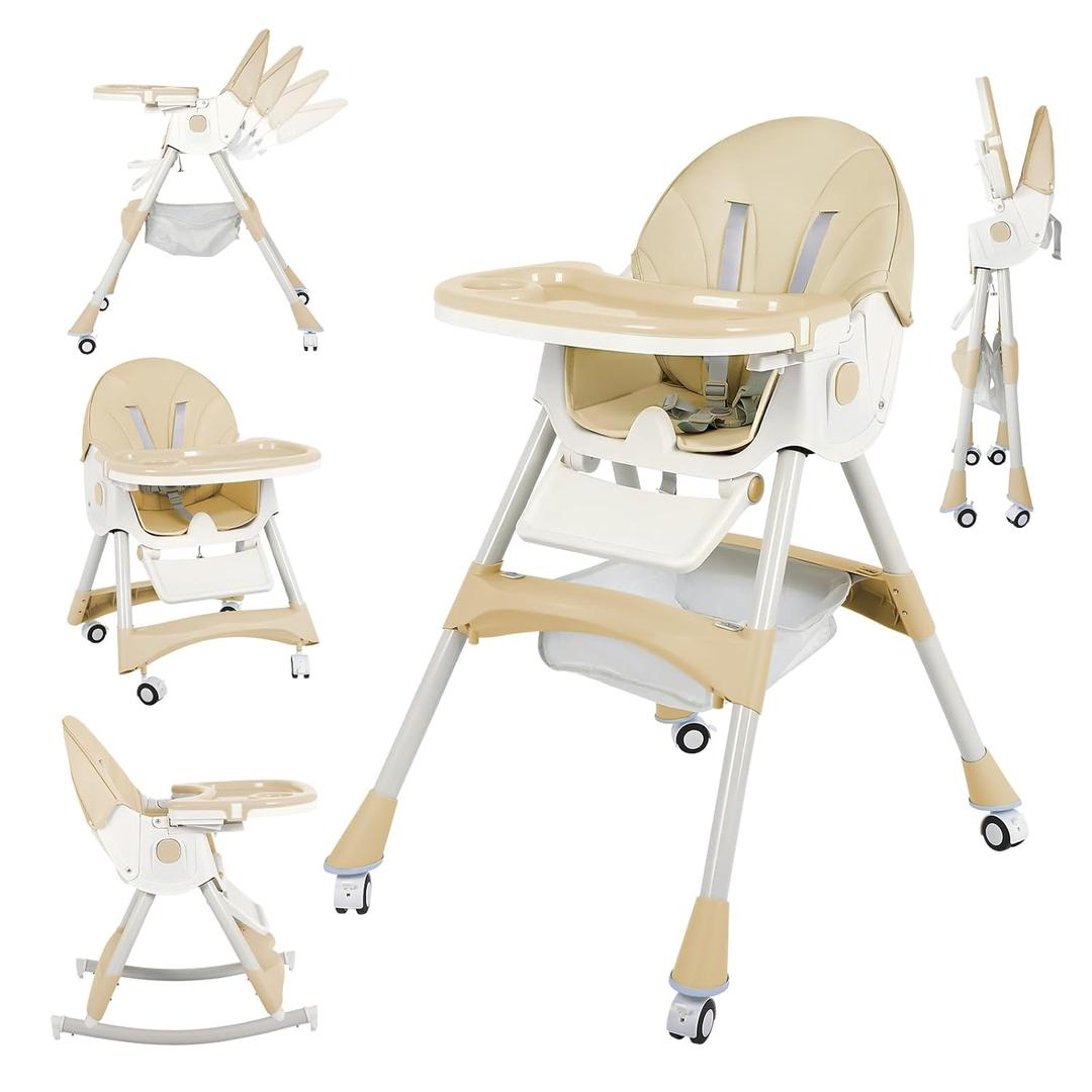 6 in 1 Baby High Chair Portable Highchair with Wheeled and Footrest,Foldable Adjustable Feature Feeding Chair for Babies and Toddlers
