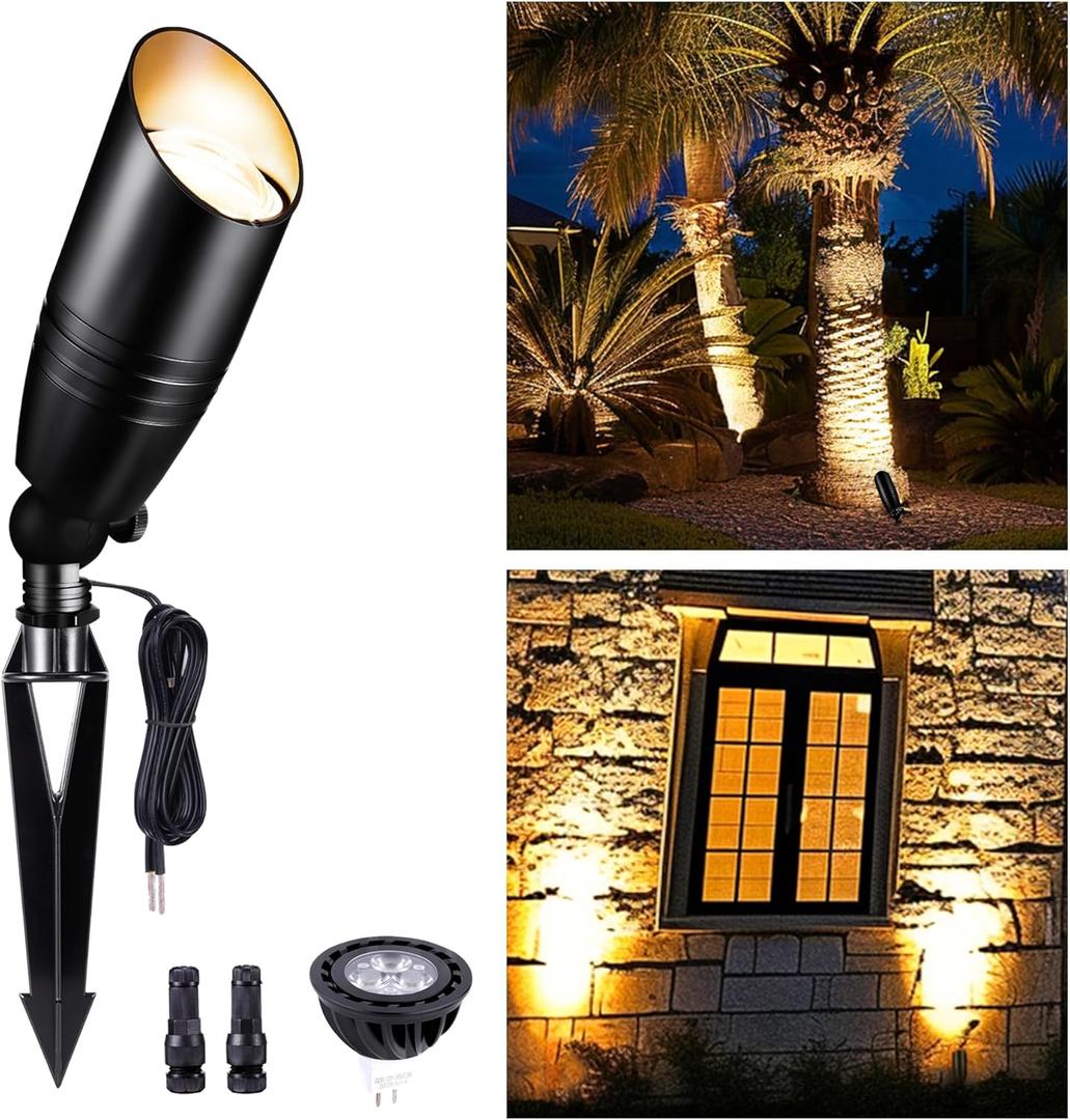 Low Voltage Landscape Spotlights, Black Outdoor LED 12V LED Lights, Waterproof Aluminum Uplighting for Tree House Garden with 5W MR16 Bulb 2700K