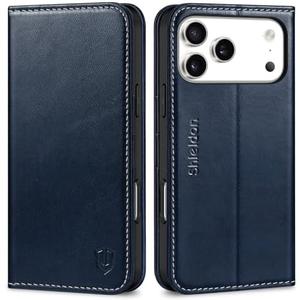 SHIELDON Wallet Case for iPhone 17 Pro Max 6.9-inch 2025 | Genuine Leather, Folio, RFID Blocking Credit Card Holder, Kickstand, Magnetic, Shockproof Protective Cover - Retro Dark Blue