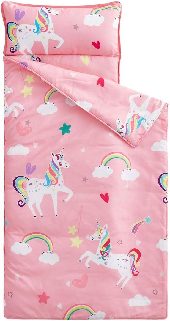 Wake In Cloud - Toddler Nap Mat with Pillow and Blanket, for Kids Girls Ages 3 Plus in Kindergarten Daycare Preschool, Roll Up Sleeping Bag, Unicorns Rainbow Stars (Standard - 50"x20", Pink White)