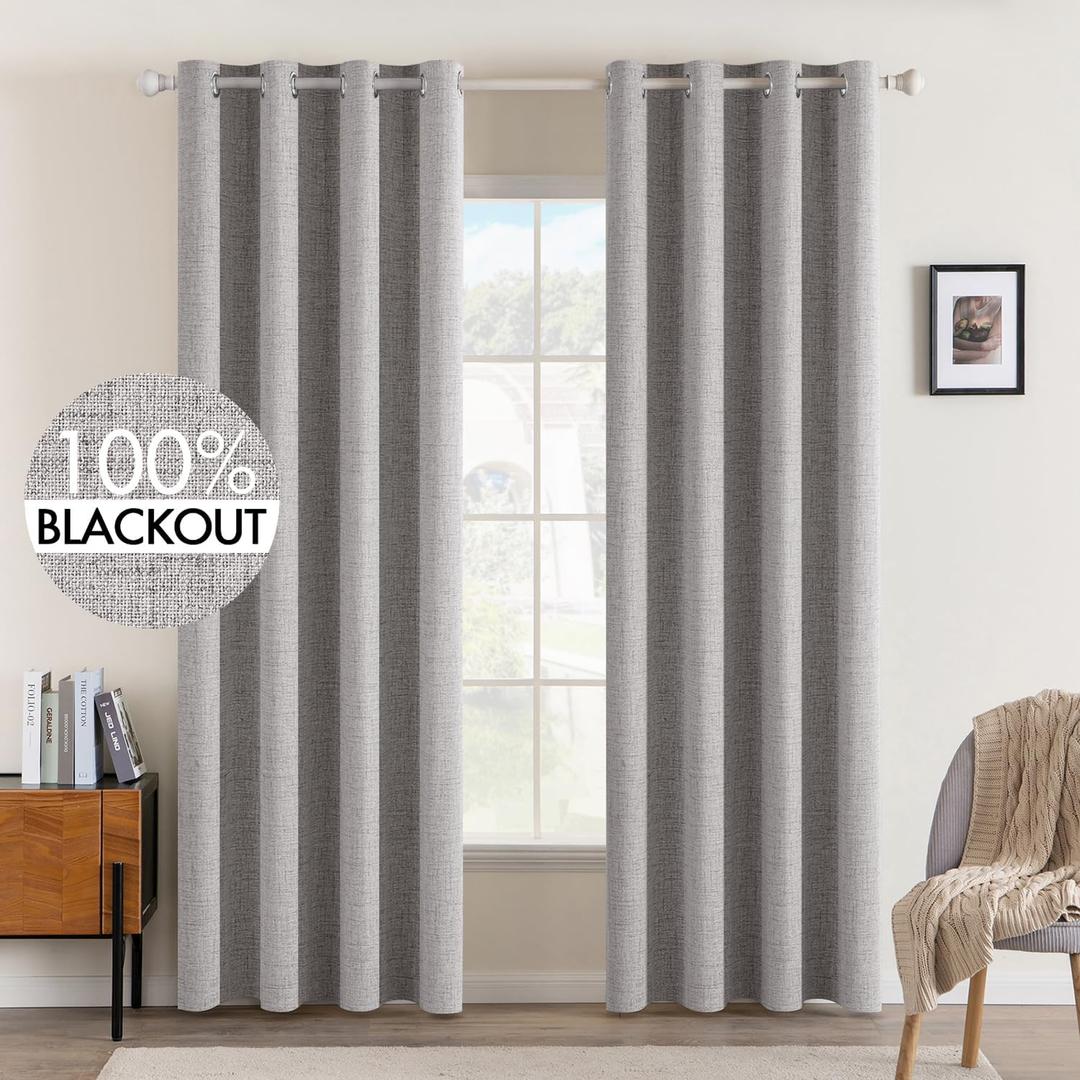 MIULEE Linen Texture 90 Inches Curtains for Bedroom 100% Blackout Thermal Insulated Light Gray Curtains Grommet Room Darkening Drapes for Living Room Nursery 52x90 Inch (2 Panels)